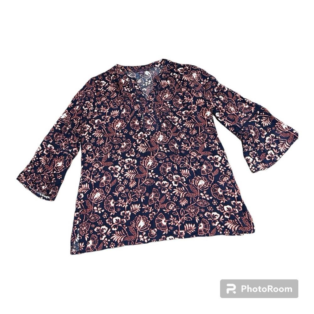 Gloria Vanderbilt Women's Blouse Floral Design Long Sleeve V-Neck Medium